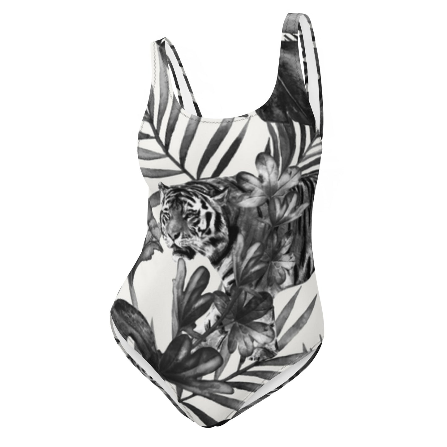 Check out this Cool, Stylish, "Black and White Tropical Tiger" One-Piece Swimsuit