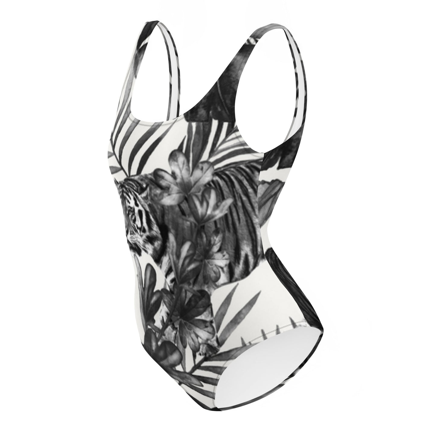 Check out this Cool, Stylish, "Black and White Tropical Tiger" One-Piece Swimsuit