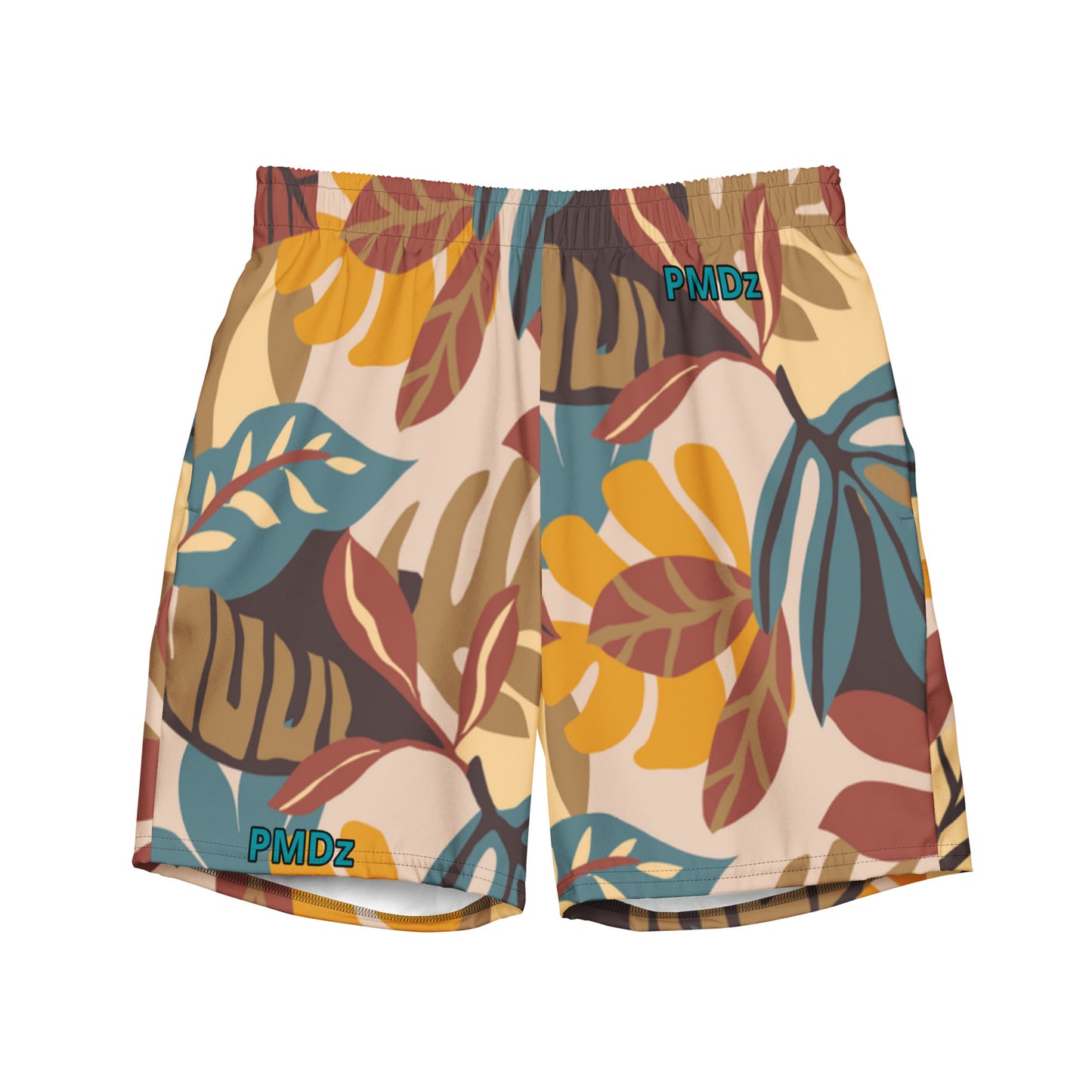 Check out these "Brown, Gold, Blue, Floral Print" swim trunks