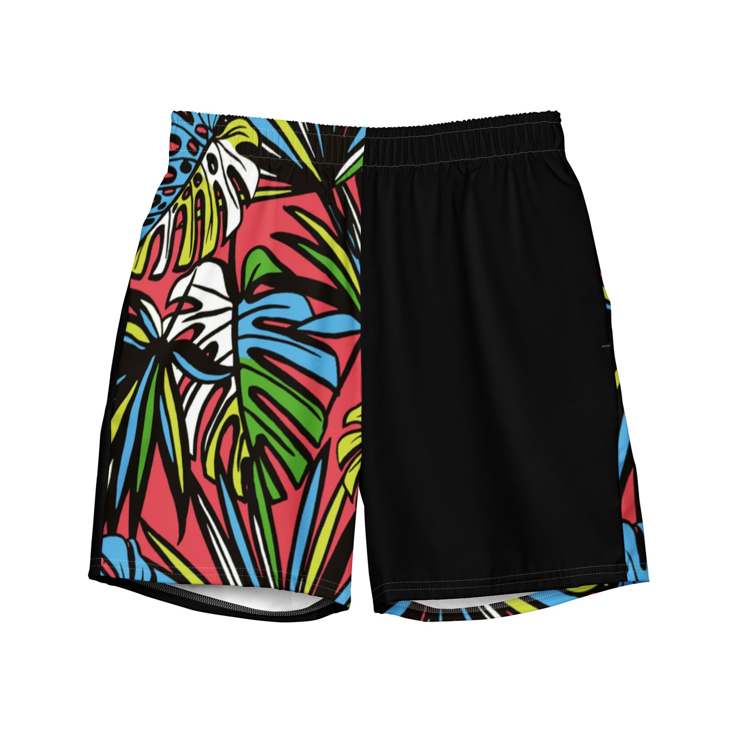 Check out this Cool, Stylish, "Black/Colorful Tropical" Men's swim trunks