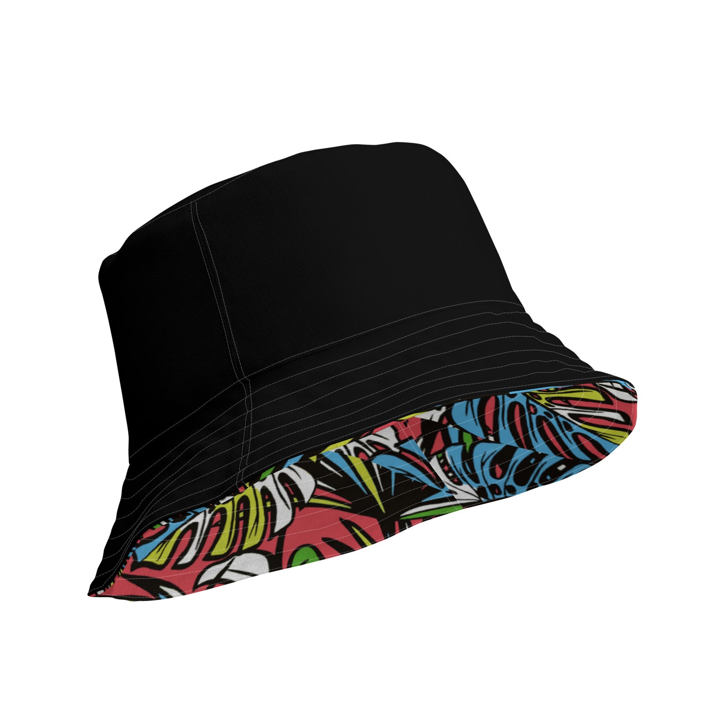 Check out this Cool, Stylish, "Black/Colorful Tropical" Reversible bucket hat