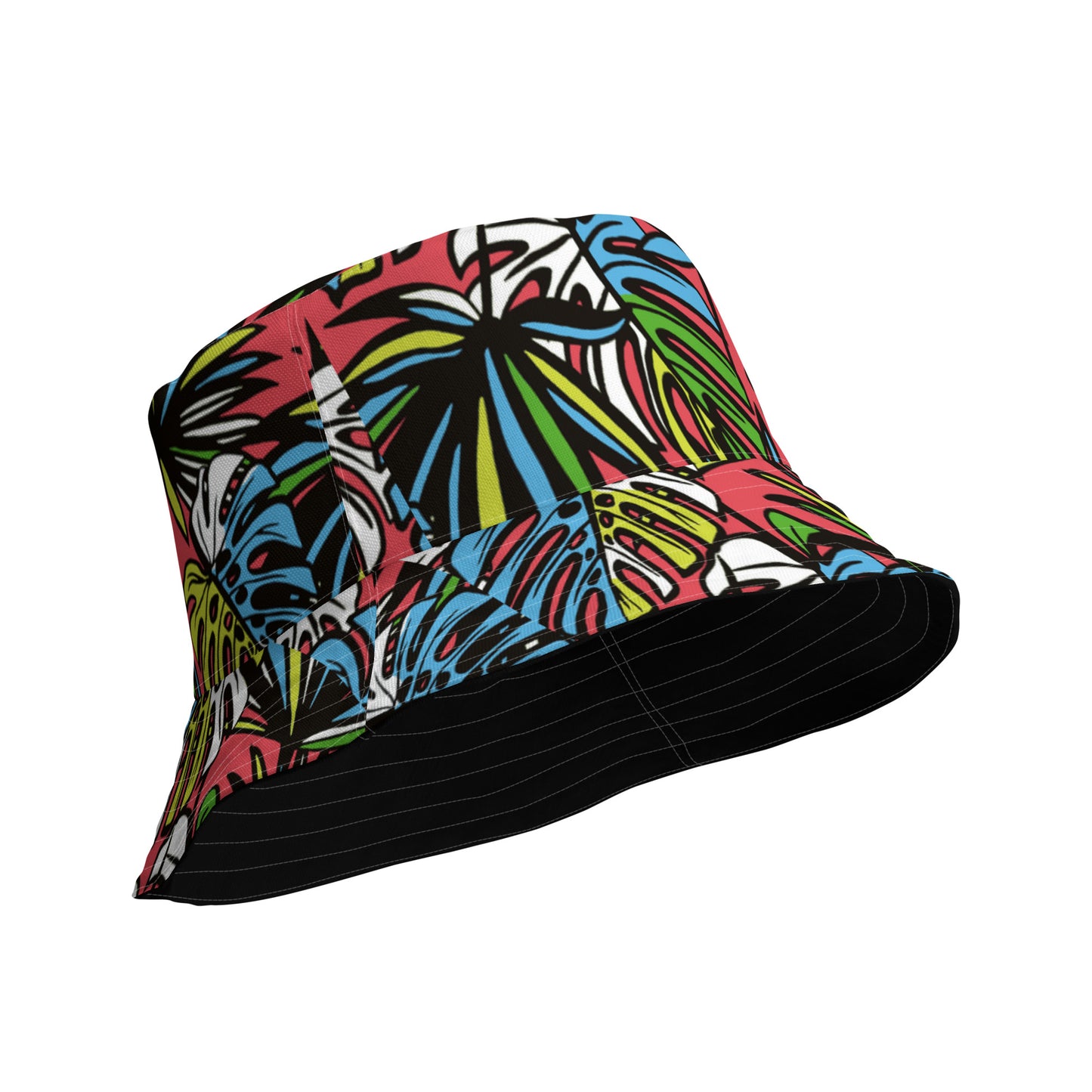 Check out this Cool, Stylish, "Black/Colorful Tropical" Reversible bucket hat