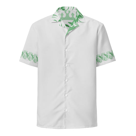 Check out this Cool, Stylish, "ROYALTY Crown Lion" GREEN 01, Unisex button Light Grey shirt