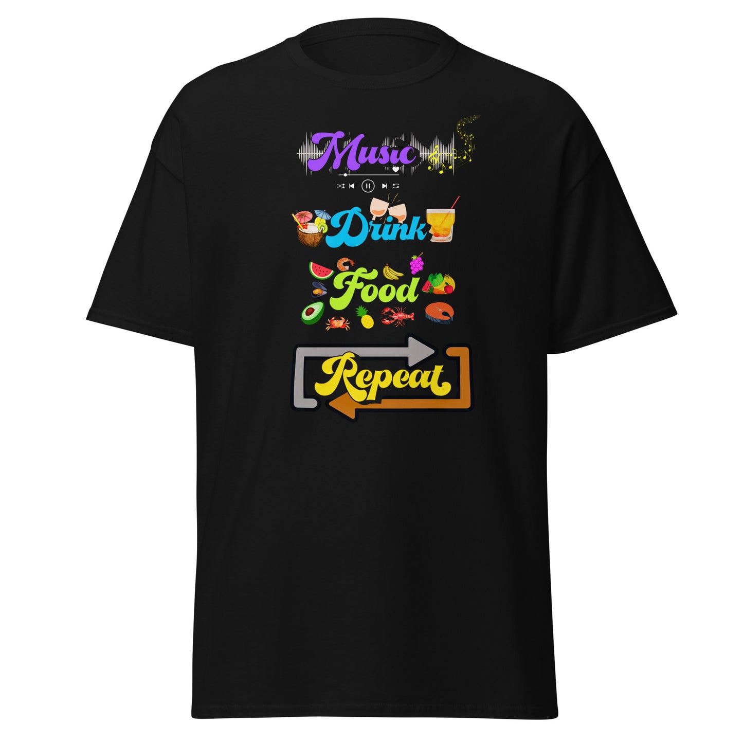 Check out this Cool, Stylish, "MusicDrinkFoodRepeat" Men's classic tee