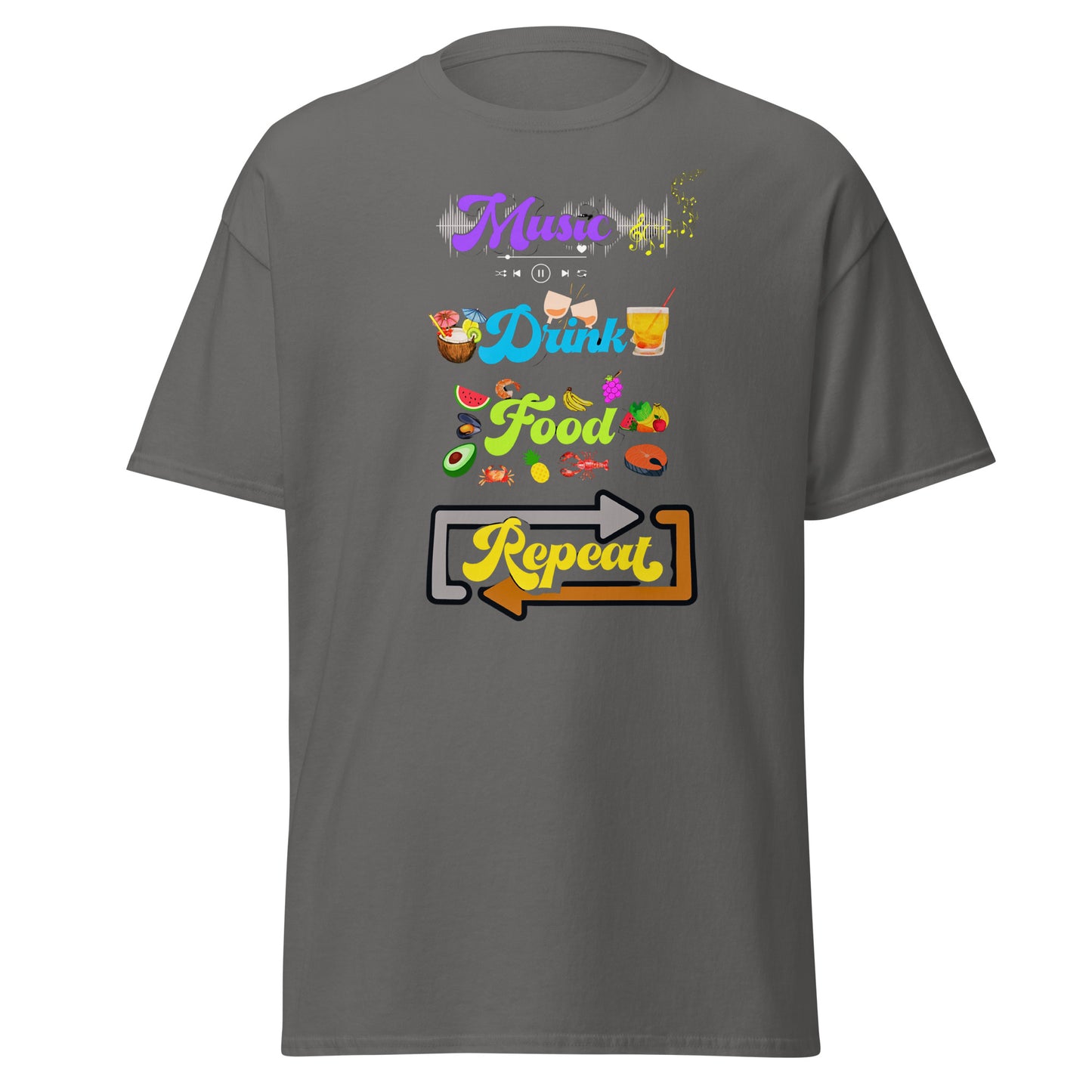 Check out this Cool, Stylish, "MusicDrinkFoodRepeat" Men's classic tee