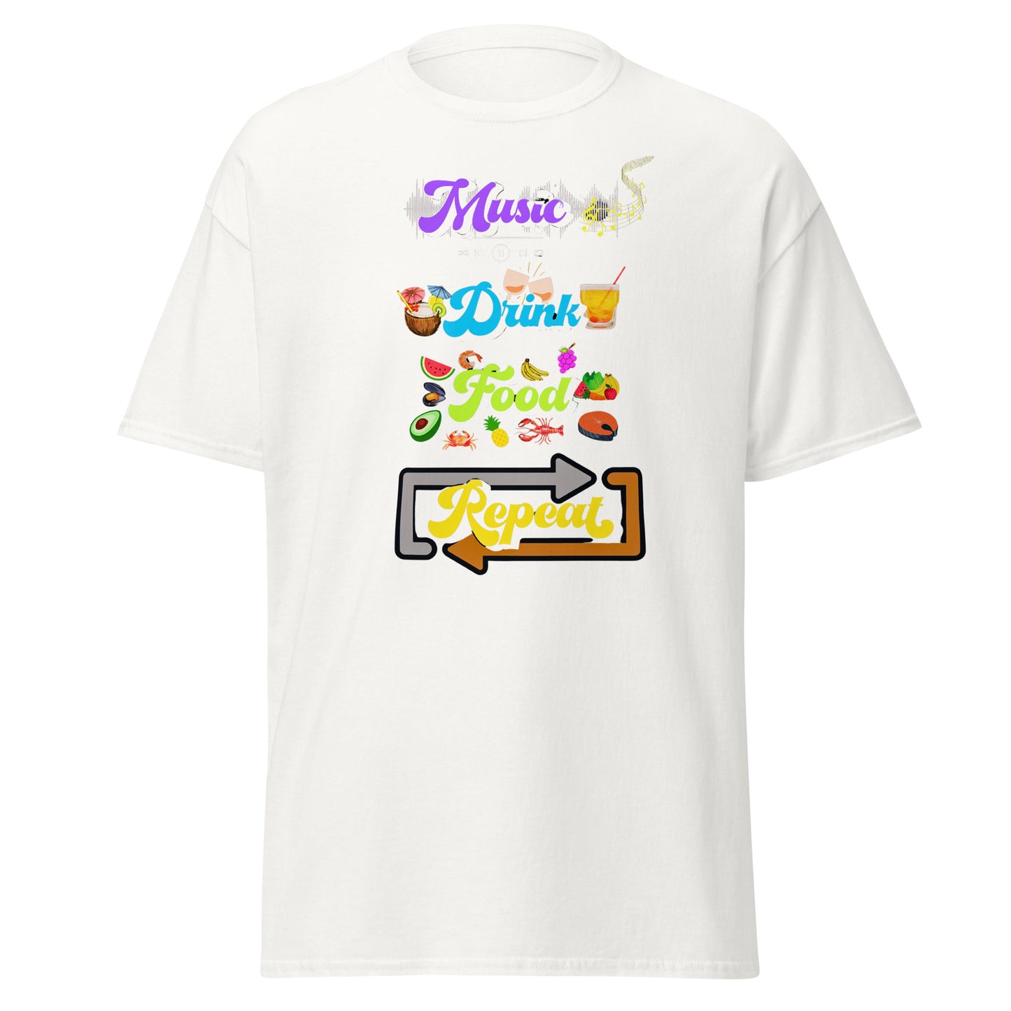 Check out this Cool, Stylish, "MusicDrinkFoodRepeat" Men's classic tee