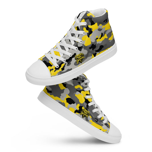 Check out these Cool, Stylish, Unique, "PMDiamondz Yellow/Black/Grey Camo Design 03 Men’s high top canvas shoes.