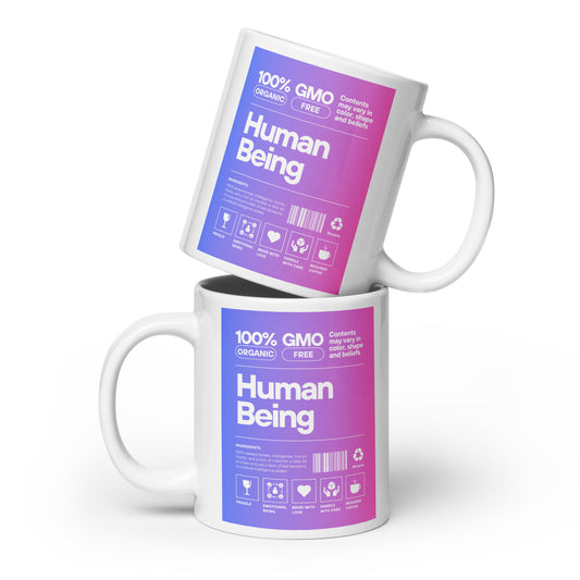 Check out this Cool, Stylish, "100% HUMAN BEING" White glossy mug